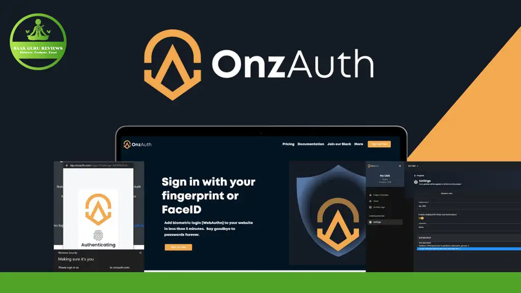 A collage showcasing OnzAuth's branding and website interface. Highlights include the logo, log-in screen with FaceID Login and Fingerprint Login options, a pricing page, and code implementation examples, all emphasizing 100% security.