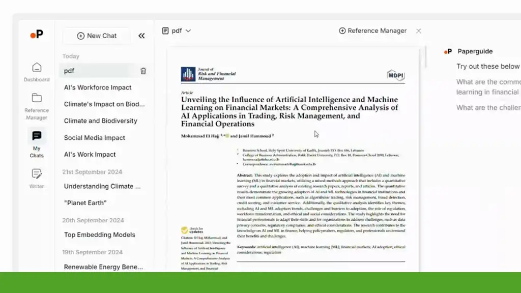 A computer screen shows a PDF document titled "Unveiling the Influence of Artificial Intelligence and Machine Learning in Financial Markets" from an academic journal, enhanced by a PDF AI Research Assistant. A portion of the navigation sidebar is visible, streamlining research efficiency.