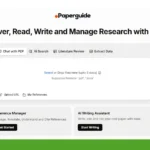 Screenshot of a webpage showcasing "Paperguide," an efficient tool for managing research. It features a PDF AI Research Assistant for chatting with PDFs, conducting literature reviews, and extracting data. Options for uploading files are clearly presented.