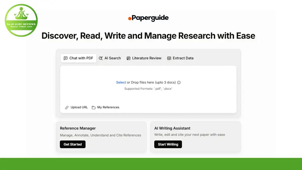 Screenshot of a webpage showcasing "Paperguide," an efficient tool for managing research. It features a PDF AI Research Assistant for chatting with PDFs, conducting literature reviews, and extracting data. Options for uploading files are clearly presented.