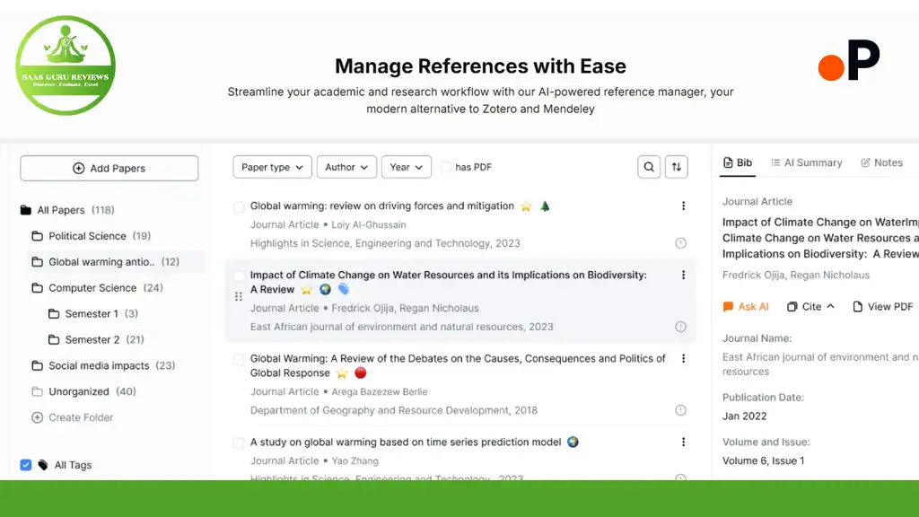 The web page interface for managing academic references is shown, featuring a list of papers on climate change. Filters by paper type, author, year, and PDF availability enhance research efficiency, making it easier to find what you need with the help of a PDF AI Research Assistant.
