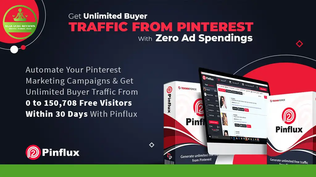 Promotional image for "Pinflux" software promises Pinterest Marketing Automation with zero ad spend, claiming up to 150,708 free visitors within 30 days. Achieve unparalleled Pinterest success with Pinflux—image includes the Pinflux dashboard.