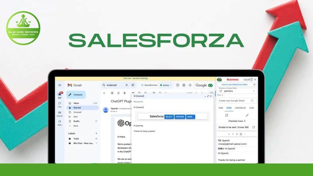 A computer screen displays an email with the subject line "Salesforza" and an upward-pointing arrow in the background, symbolizing a boost in sales. The SAS Guru Reviews logo is on the top left.
