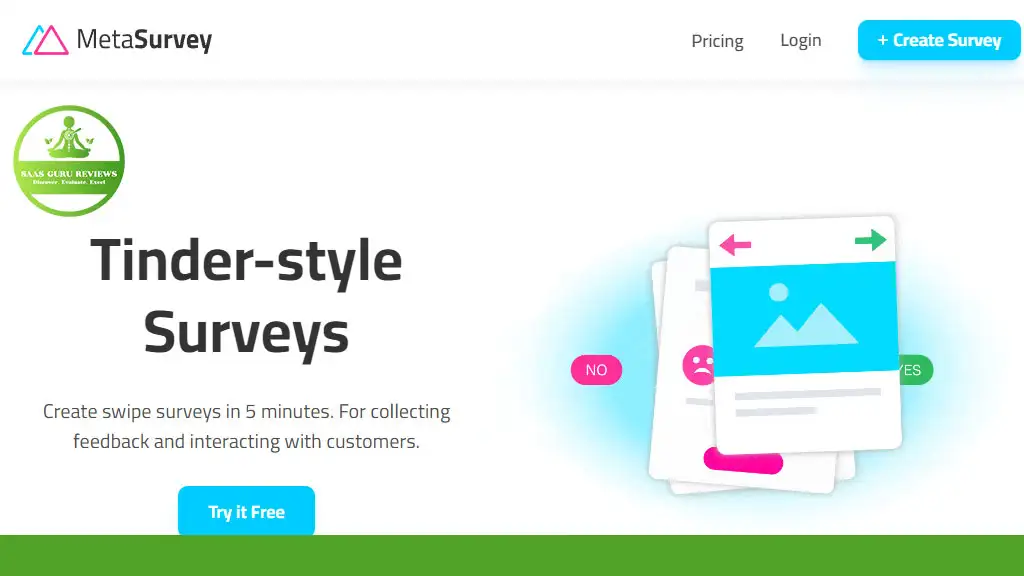 Website banner for MetaSurvey, the innovative survey tool, promoting "Tinder-style Surveys" with a colorful card image. Text offers a free trial for creating swipe surveys in just five minutes. Discover your perfect insights with MetaSurvey today!