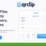 QRClip promotional graphic highlighting seamless file sharing with a QR code, detailed file info, and copy link options. Tagline: "Share Files Securely Anywhere, Anytime.