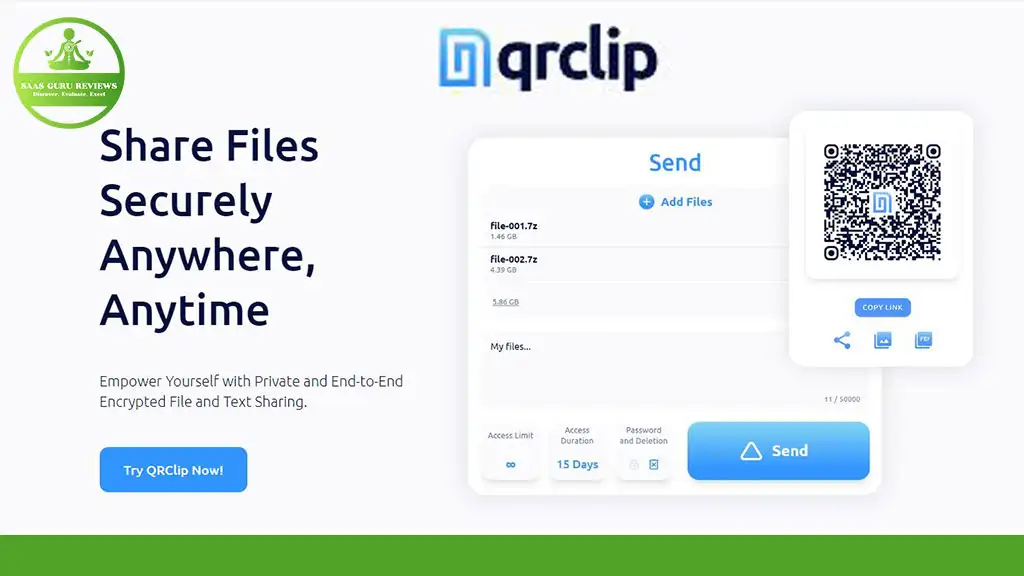 QRClip promotional graphic highlighting seamless file sharing with a QR code, detailed file info, and copy link options. Tagline: "Share Files Securely Anywhere, Anytime.