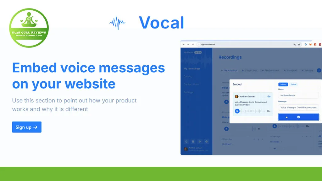 Screenshot of the Vocal webpage showcasing its Vocal Power feature, allowing users to embed voice notes seamlessly. The page includes a sign-up button on the left and recording details on the right, enabling an engaging way to communicate beyond standard text.