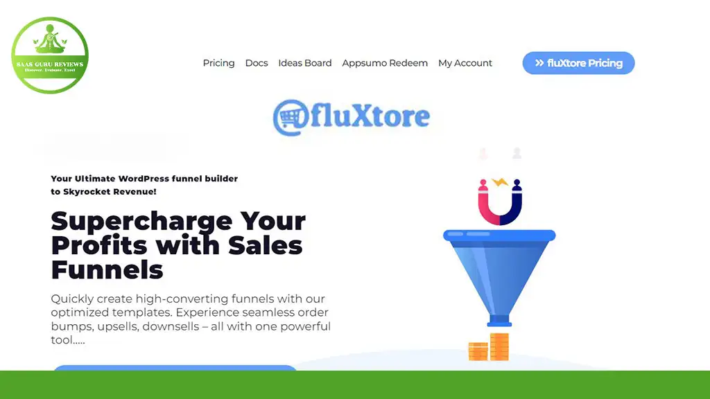 Welcome to fluXtore's homepage, where our sales funnel graphic showcases a cascade of coins. Discover high-converting funnel templates designed to boost your profits. Explore options like pricing, documents, and an ideas board. Elevate your strategy with our seamless WordPress plugin integration today!