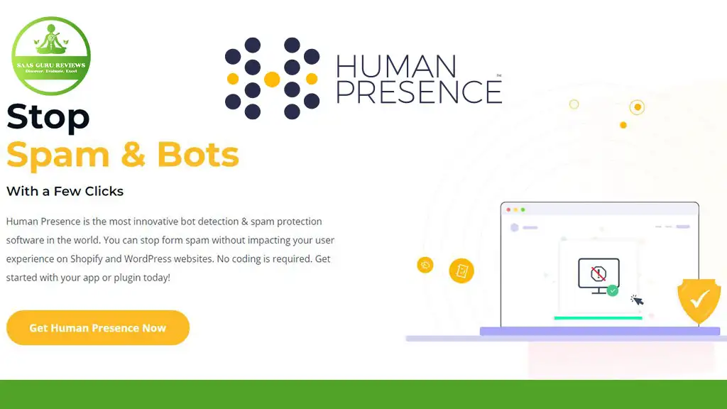 Promotional graphic for Human Presence, a bot detection software, featuring company logo and a screen illustration with text highlighting easy spam and bot protection on WordPress websites. Enhance your online security with advanced Human Presence Detection.