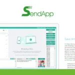 A screenshot of SendApp Professional's interface showcases chat options and a preview screen, emphasizing features like message scheduling and customization for marketing campaigns through its advanced WhatsApp software, along with SMS and Telegram integration.
