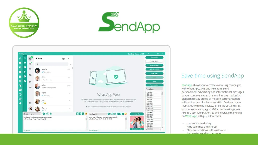 A screenshot of SendApp Professional's interface showcases chat options and a preview screen, emphasizing features like message scheduling and customization for marketing campaigns through its advanced WhatsApp software, along with SMS and Telegram integration.