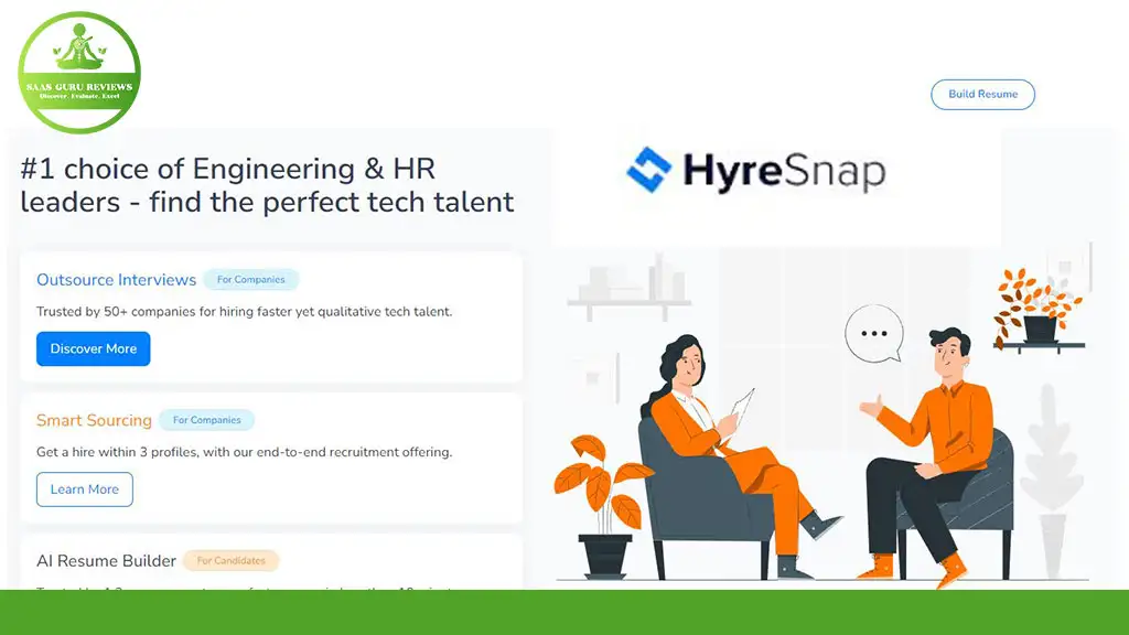 HyreSnap website features engaging illustrations of two people in conversation, highlighting its cutting-edge engineering and HR recruitment services. Discover how our AI Resume Builder transforms your profile for top LinkedIn Results, streamlining your path to successful Interview Results.