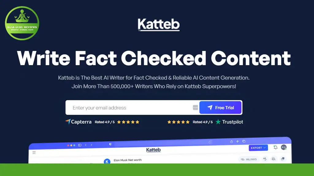 Screenshot of a promotional webpage for Katteb, an AI writing tool. It features a convenient sign-up section and high ratings from Capterra and Trustpilot, highlighting its excellence. Discover the trusted AI writing solution with Katteb review insights enhancing your content creation process.