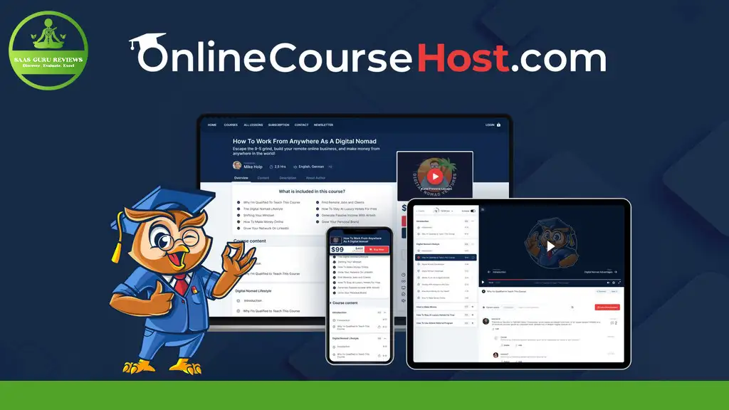 An illustration showcases an owl in graduation attire beside digital devices featuring online course content, highlighted with the text "OnlineCourseHost.com," your premier online course platform.