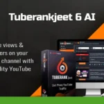 Promotional image for TubeRank Jeet 6 AI software, advertising its ability to increase YouTube views and subscribers through SEO. The product package is displayed alongside a monitor and laptop screen, highlighting the power to optimize with AI for superior YouTube video ranking.
