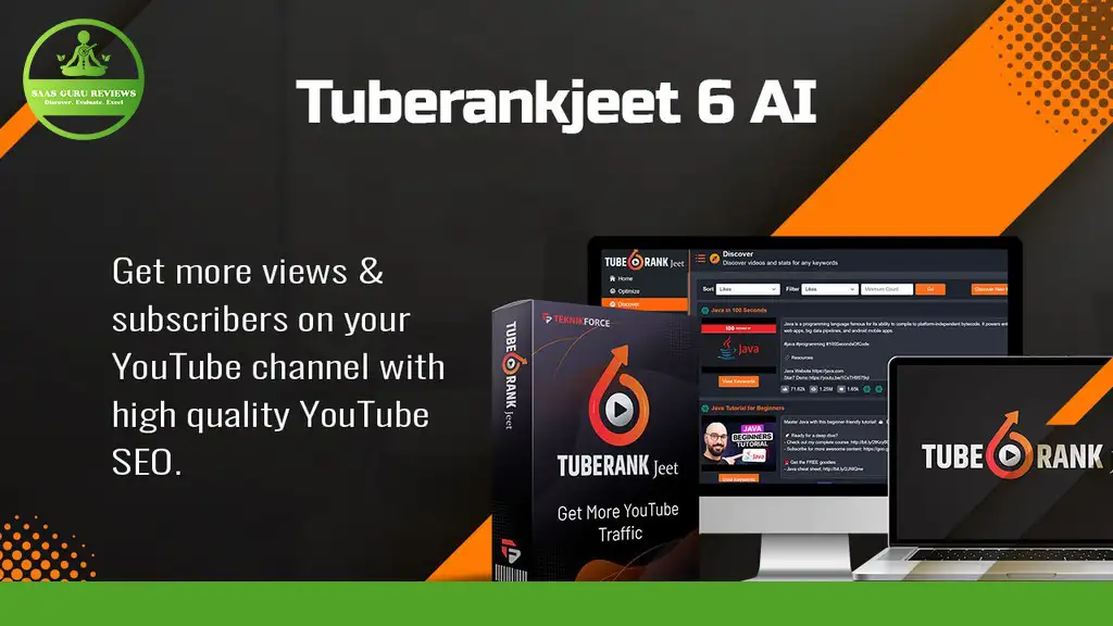 Promotional image for TubeRank Jeet 6 AI software, advertising its ability to increase YouTube views and subscribers through SEO. The product package is displayed alongside a monitor and laptop screen, highlighting the power to optimize with AI for superior YouTube video ranking.