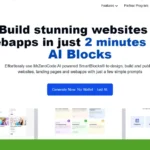 Screenshot of MrZeroCode website homepage showcasing the innovative AI Blocks, a no-code development tool for building websites and webapps in just two minutes. Features include a prompt to generate without a wallet, and don't miss their exclusive lifetime deal!