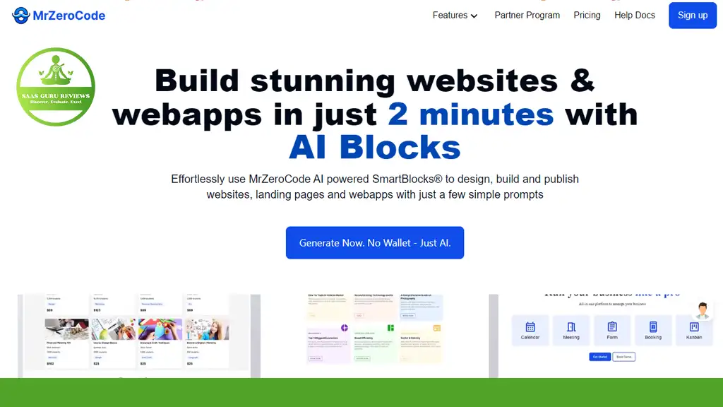 Screenshot of MrZeroCode website homepage showcasing the innovative AI Blocks, a no-code development tool for building websites and webapps in just two minutes. Features include a prompt to generate without a wallet, and don't miss their exclusive lifetime deal!