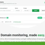 Screenshot of a Domain Monitor dashboard showing search options, domain status, and a notification message with insights from DomainTools. Keep track of expiry dates effortlessly to ensure your domains remain active and secure.