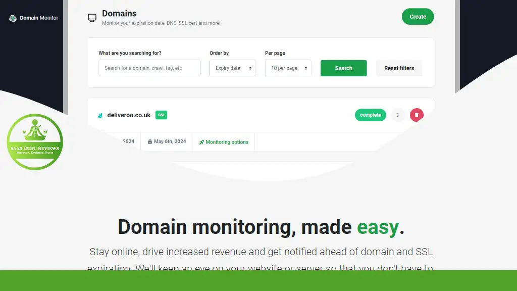 Screenshot of a Domain Monitor dashboard showing search options, domain status, and a notification message with insights from DomainTools. Keep track of expiry dates effortlessly to ensure your domains remain active and secure.
