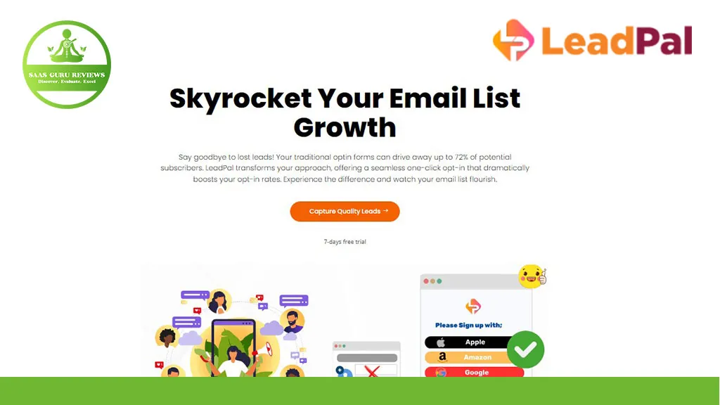 Screenshot of a webpage promoting LeadPal, the ultimate lead generation tool with a tagline "Skyrocket Your Email List Growth." It features icons and a button labeled "Capture Quality Leads" to boost your email leads effortlessly.