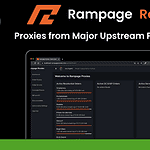 A laptop screen showcases a webpage from Rampage Retail, featuring proxy information with the tagline "Proxies from Major Upstream Providers." Against a sleek green and black backdrop adorned with the company logo, Rampage Proxies ensures unmatched performance for your online needs.