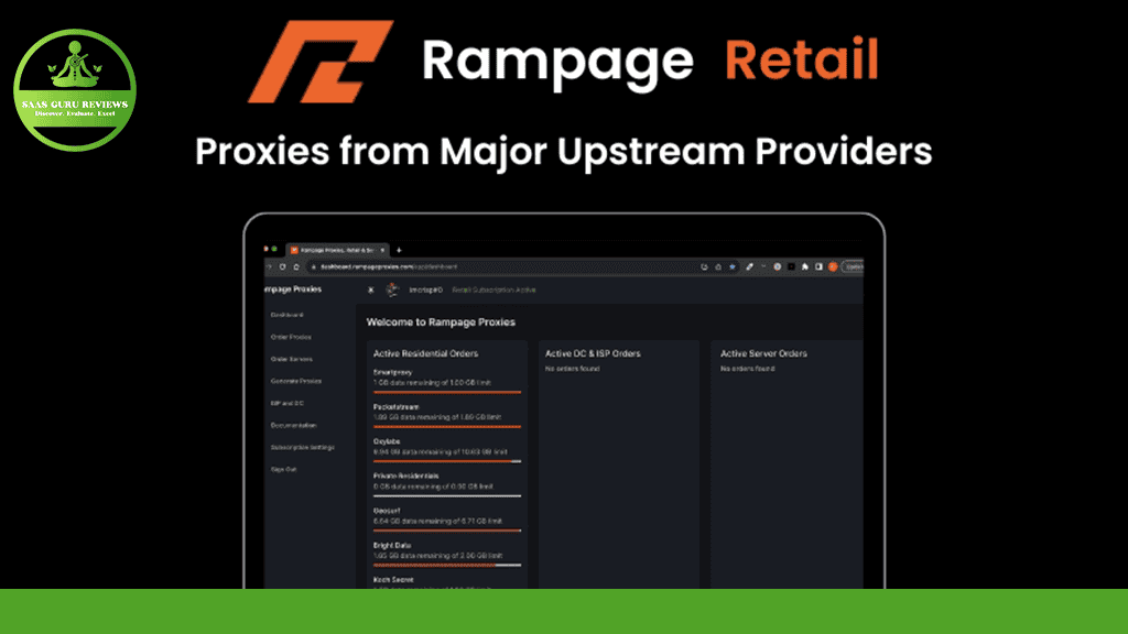 A laptop screen showcases a webpage from Rampage Retail, featuring proxy information with the tagline "Proxies from Major Upstream Providers." Against a sleek green and black backdrop adorned with the company logo, Rampage Proxies ensures unmatched performance for your online needs.