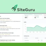 Screenshot of a SiteGuru dashboard displaying a to-do list for SEO improvement, a site health score of 86%, Google clicks and sessions statistics, and a traffic graph with top keywords. Witness the unmatched results with this powerful SEO tool.