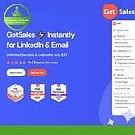 Promotional image for GetSales showcasing LinkedIn and email features with user reviews, awards, and pricing details. Includes options to watch a demo or start a free trial.