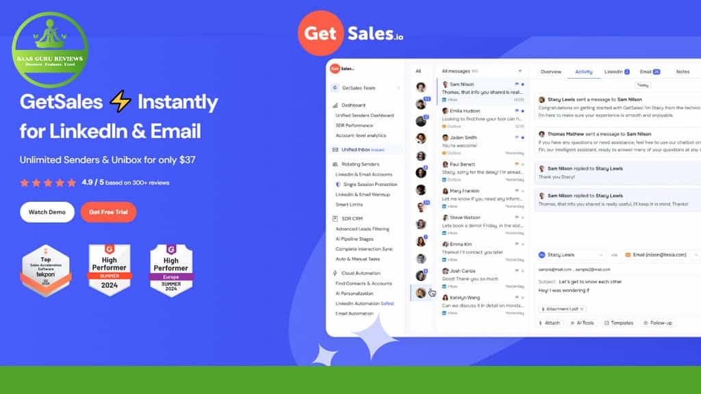 Promotional image for GetSales showcasing LinkedIn and email features with user reviews, awards, and pricing details. Includes options to watch a demo or start a free trial.
