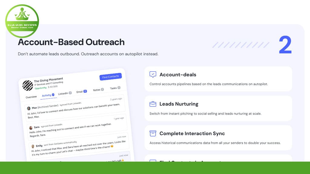Screenshot of a software interface titled "Account-Based Outreach" showing options for managing deals, lead nurturing, and interaction sync, with features for controlling account pipelines.