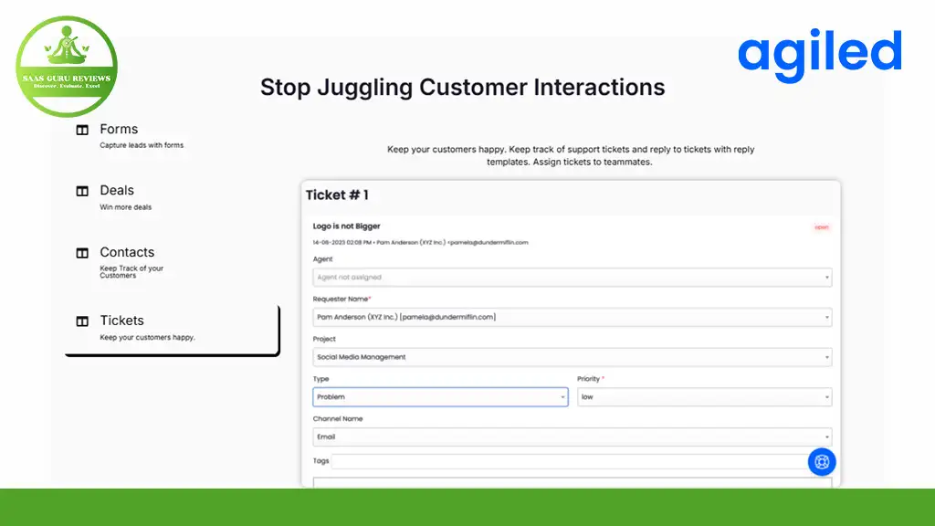 This screenshot showcases Agiled's powerful platform for ticket management in customer interactions. With options like forms, deals, contacts, and tickets on the left panel, it exemplifies how to run your business efficiently with Agiled's intuitive interface.