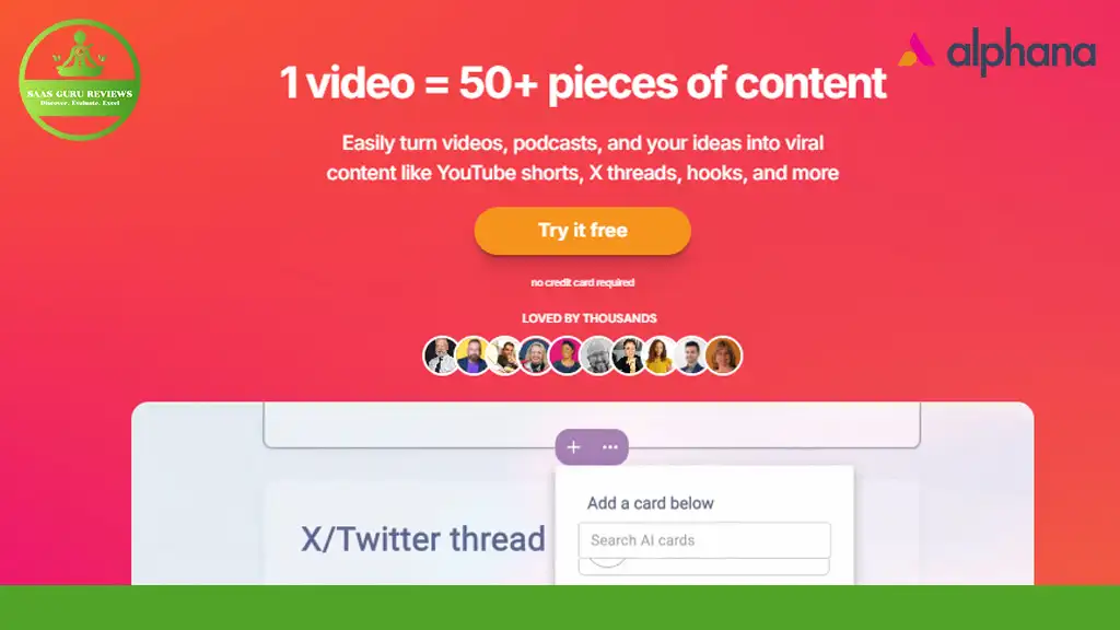 Promotional graphic for Alphana highlighting content creation with the AI Content Manager, featuring a "Try it free" button and user endorsement photos.