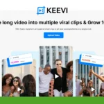 A screenshot of Keevi's webpage showcases its AI-powered video editing features, with people smiling and text about transforming videos into viral clips, heralding the future of video editing.
