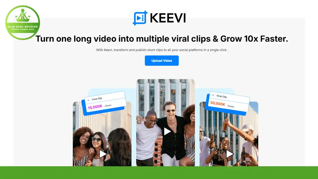 A screenshot of Keevi's webpage showcases its AI-powered video editing features, with people smiling and text about transforming videos into viral clips, heralding the future of video editing.