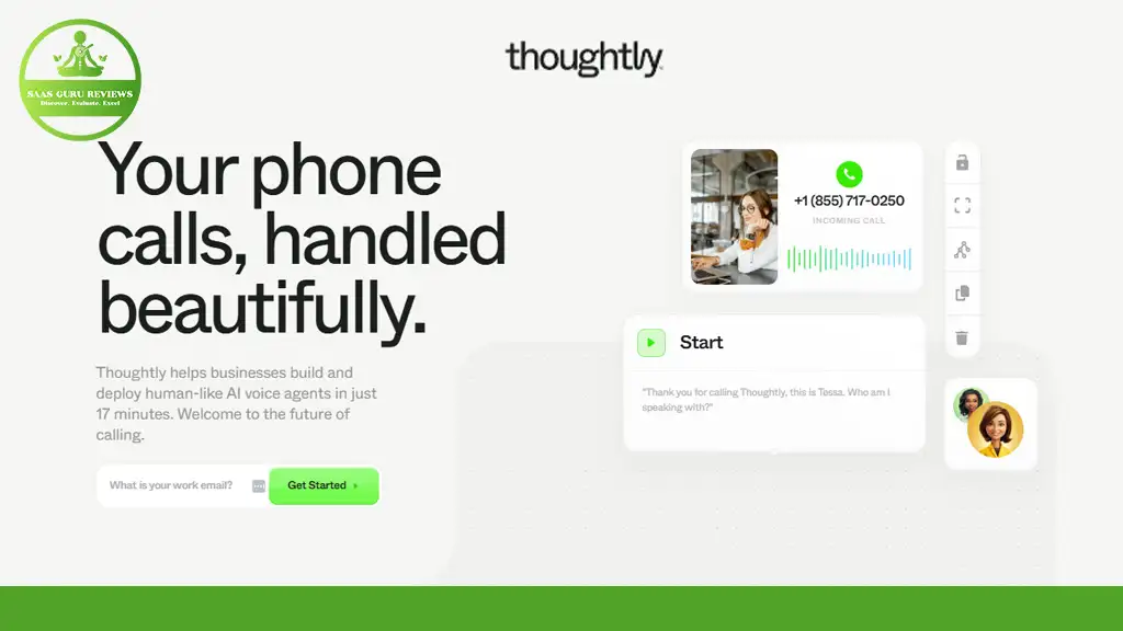 Thoughtly website showing VOIP features with call management interface and options for business integration.