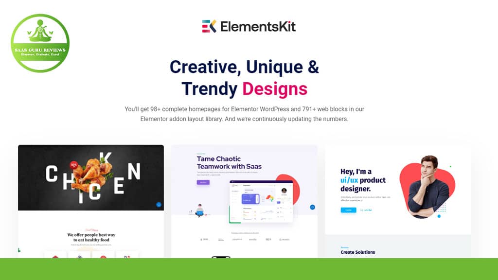 The ElementsKit Plugin webpage showcases creative design options for Elementor, featuring various homepage layouts and a focus on trendy design concepts, perfect for those mastering website creation.