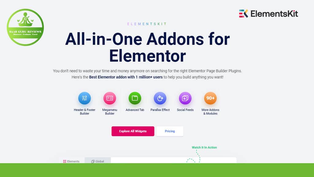 Webpage advertising ElementsKit, an all-in-one Elementor addon, featuring widgets such as header builder, megamenu builder, and social feeds with a header describing its benefits.