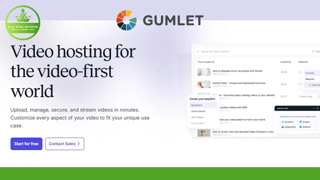 Advertisement for Gumlet video hosting featuring a start button and a screen showing video management tools.