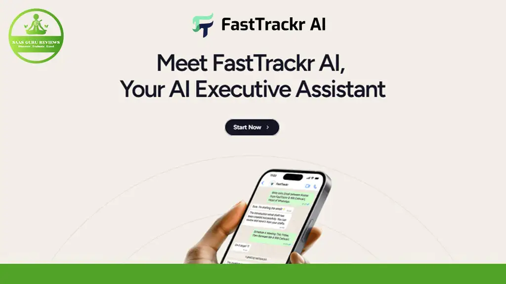Smartphone displaying a conversation with FastTrackr AI on screen against an off-white background. Text reads: "Meet FastTrackr AI, Your AI Executive Assistant revolutionizing productivity.