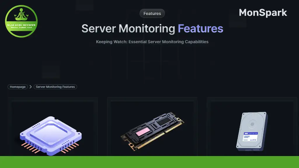 Illustration of essential server monitoring features, showcasing a CPU chip, RAM stick, and hard drive. Text includes "MonSpark" and "Keeping Watch: Essential Server Monitoring Capabilities." Perfect for any website's server needs, this monitoring tool ensures reliability and efficiency.