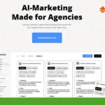 Website interface of Supercopy, an AI-marketing tool for agencies, featuring a dashboard for creating data-driven personas and audience insights. Logos of SAS Guru Reviews and Supercopy are visible.