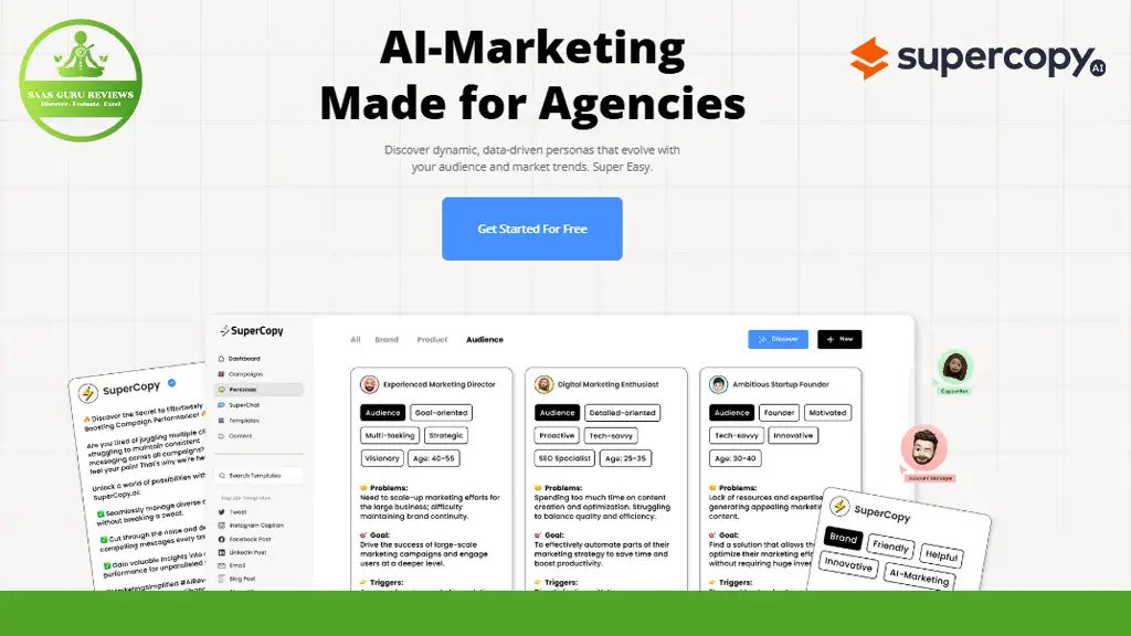 Website interface of Supercopy, an AI-marketing tool for agencies, featuring a dashboard for creating data-driven personas and audience insights. Logos of SAS Guru Reviews and Supercopy are visible.