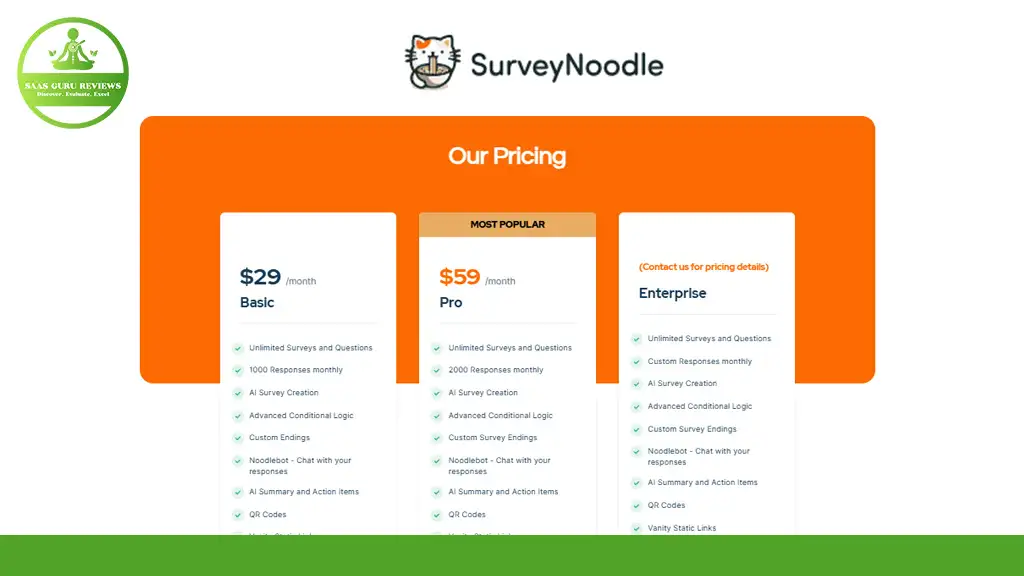 SurveyNoodle pricing: Basic at $29/month, Pro at $59/month (most popular), and Enterprise (contact for pricing). Features include survey creation, distribution, and analytics.