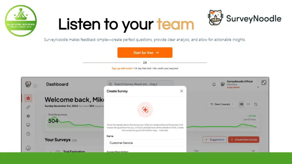 A website interface for SurveyNoodle is shown. It highlights features like survey creation and user feedback analysis, with a button to start a free trial.