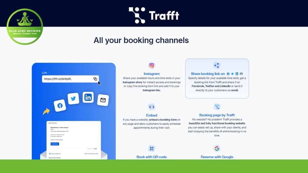 Discover the Trafft booking platform, an innovative appointment scheduling software with social media integration icons, QR code options, and streamlined scheduling features. Master your schedule effortlessly by sharing and booking via Instagram links and QR codes for maximum convenience.