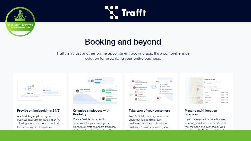 The image of the webpage highlights Trafft, an appointment scheduling software designed to help you master your schedule. It features sections on streamlined booking, efficient employee organization, robust customer management, and seamless multi-location business operations.