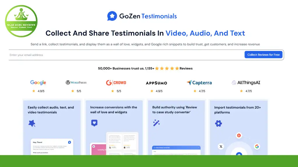 Screenshot of GoZen Testimonials website showing features to collect and share video, audio, and text testimonials. Includes logos of platforms like Google, Trustpilot, and Capterra.