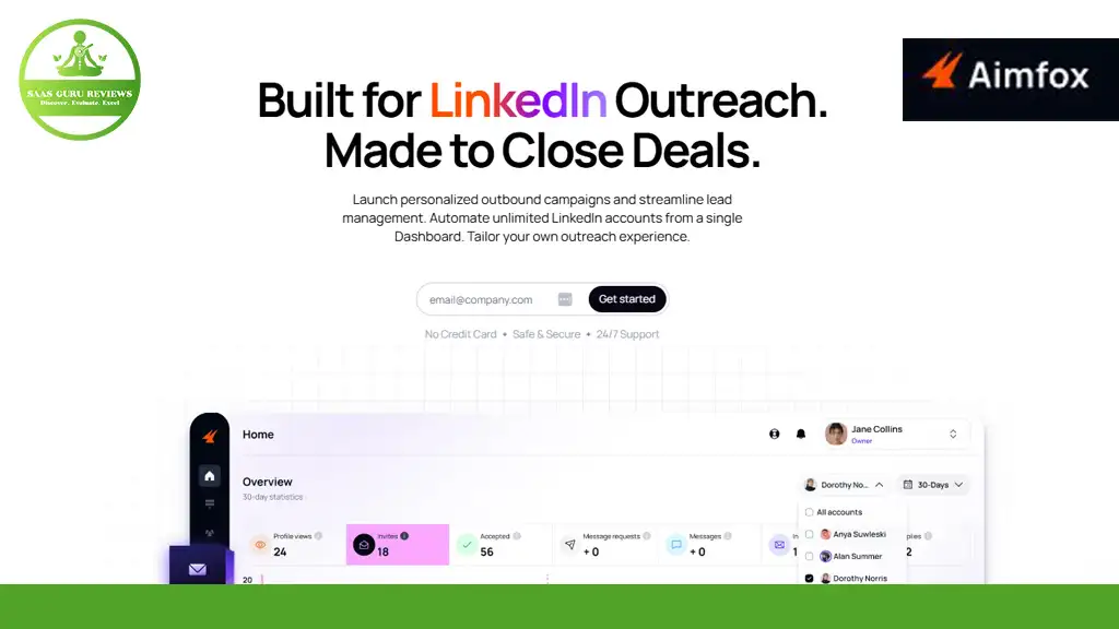 Screenshot of a website showcasing Aimfox's LinkedIn Outreach tools, featuring automation tools for managing campaigns and enhancing lead management.