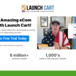 Screenshot of a marketing page for Launch Cart with promotional text, statistics, and an image of a person in a U.S. flag shirt discussing ecommerce solutions.